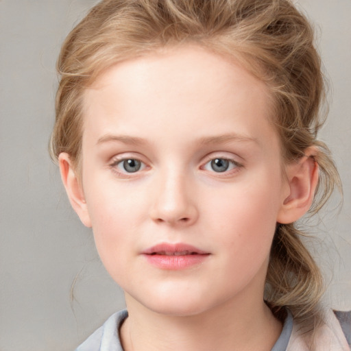 Neutral white child female with medium  brown hair and blue eyes