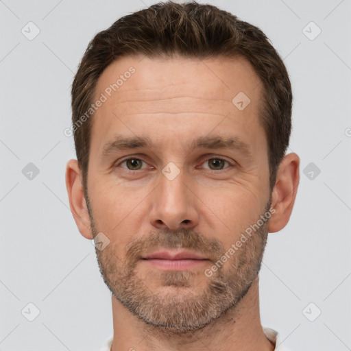 Neutral white adult male with short  brown hair and brown eyes