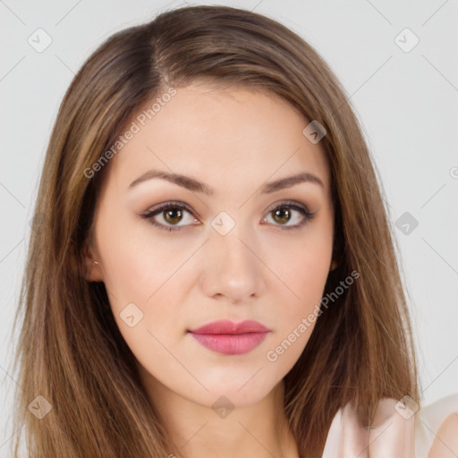 Neutral white young-adult female with long  brown hair and brown eyes