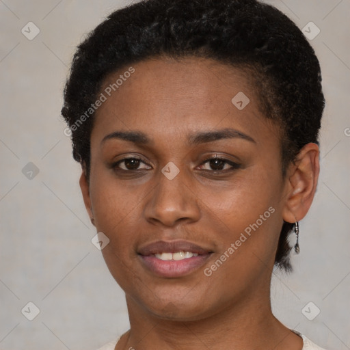 Joyful latino young-adult female with short  brown hair and brown eyes