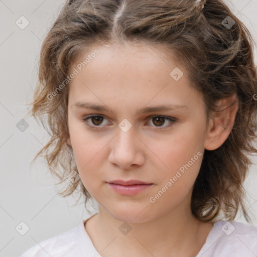 Joyful white child female with medium  brown hair and brown eyes