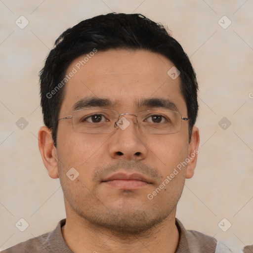 Neutral asian young-adult male with short  black hair and brown eyes