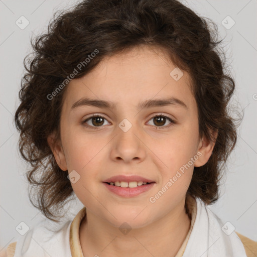 Joyful white child female with medium  brown hair and brown eyes