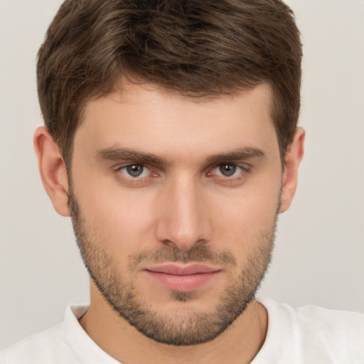 Neutral white young-adult male with short  brown hair and brown eyes