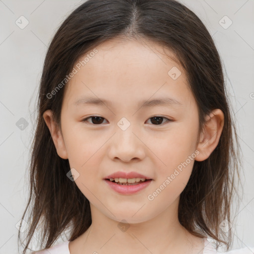 Joyful white child female with medium  brown hair and brown eyes