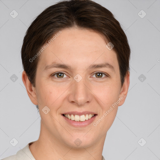 Joyful white young-adult female with short  brown hair and grey eyes