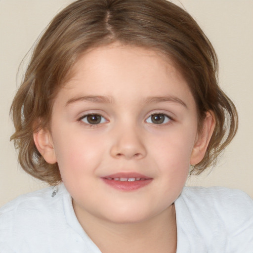 Joyful white child female with medium  brown hair and blue eyes