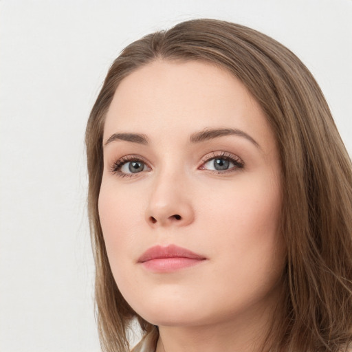 Neutral white young-adult female with long  brown hair and grey eyes