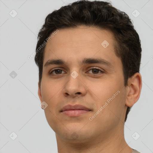 Neutral white young-adult male with short  brown hair and brown eyes