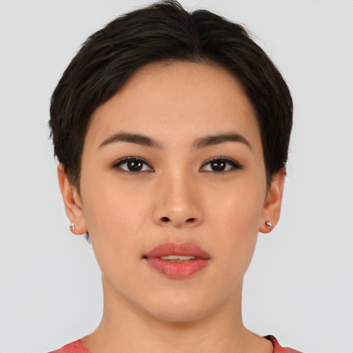 Joyful asian young-adult female with short  brown hair and brown eyes