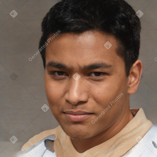 Joyful asian young-adult male with short  black hair and brown eyes