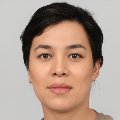 Joyful asian young-adult female with short  black hair and brown eyes