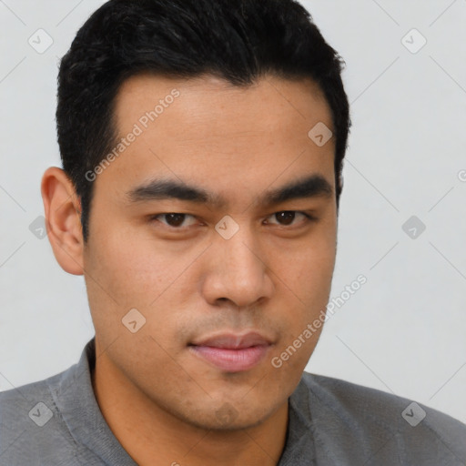 Neutral asian young-adult male with short  black hair and brown eyes