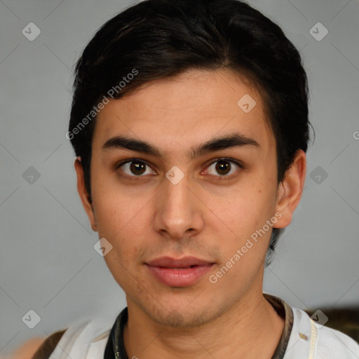 Neutral latino young-adult male with short  brown hair and brown eyes