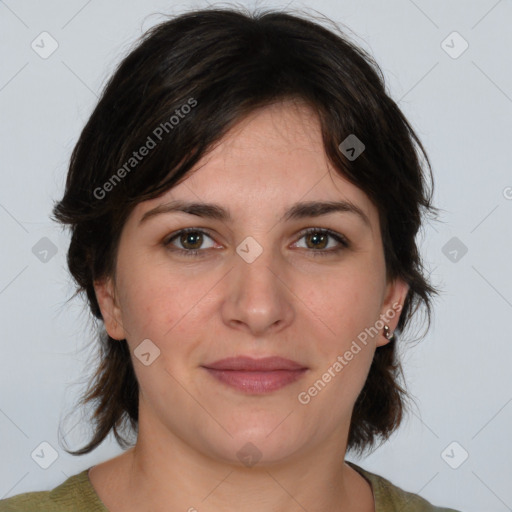 Joyful white young-adult female with medium  brown hair and green eyes