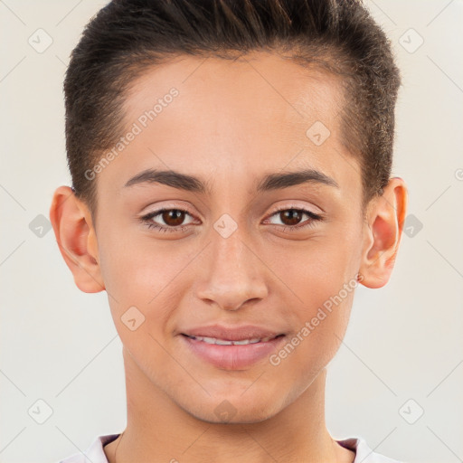 Joyful white young-adult female with short  brown hair and brown eyes