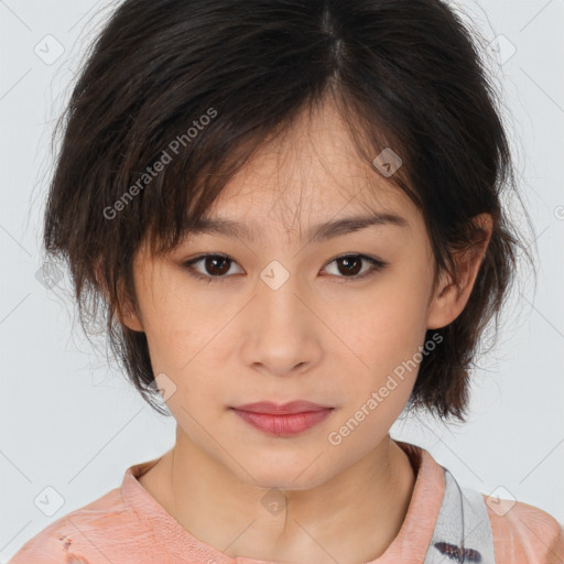 Neutral asian young-adult female with medium  brown hair and brown eyes