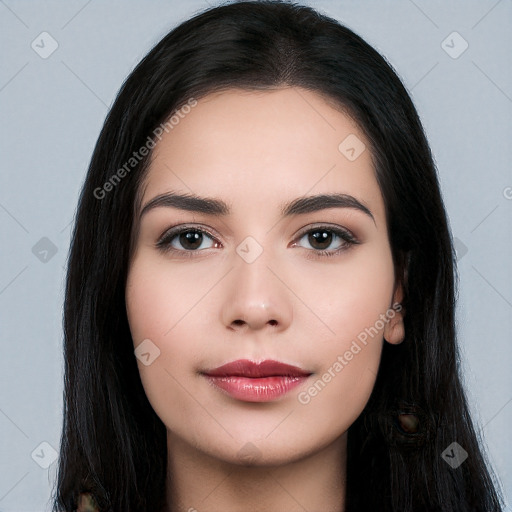 Joyful white young-adult female with long  black hair and brown eyes