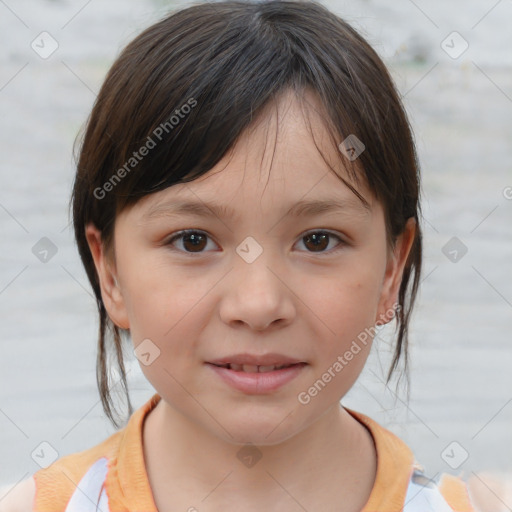 Joyful white child female with medium  brown hair and brown eyes