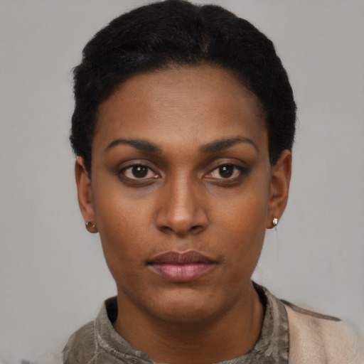 Neutral black young-adult female with short  black hair and brown eyes