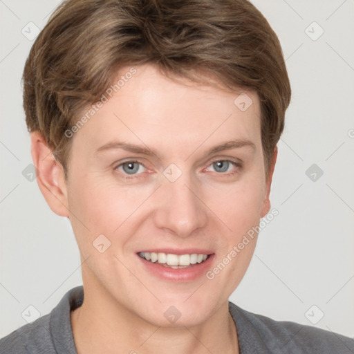 Joyful white young-adult female with short  brown hair and grey eyes