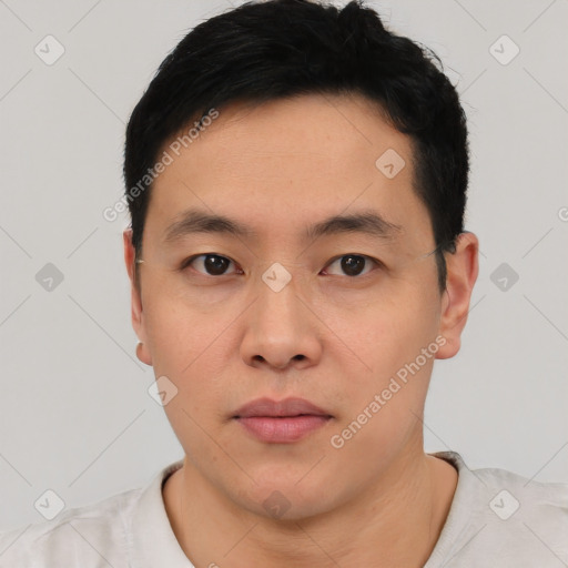 Neutral asian young-adult male with short  black hair and brown eyes