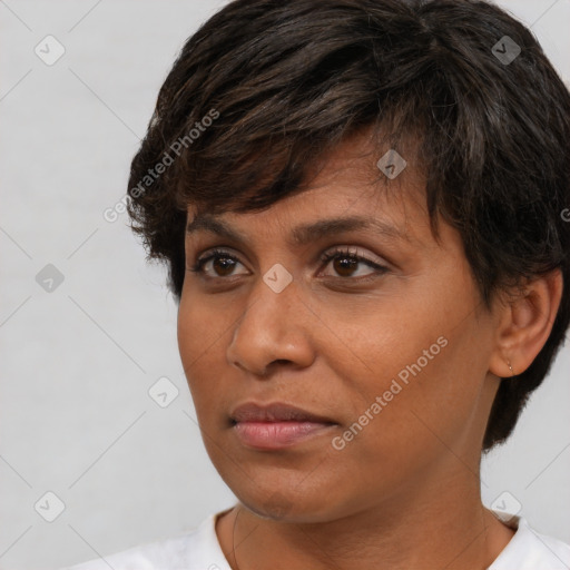 Neutral white adult female with short  brown hair and brown eyes