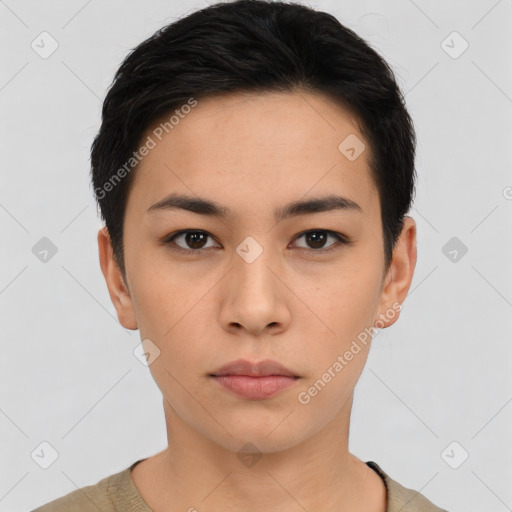 Neutral asian young-adult female with short  black hair and brown eyes