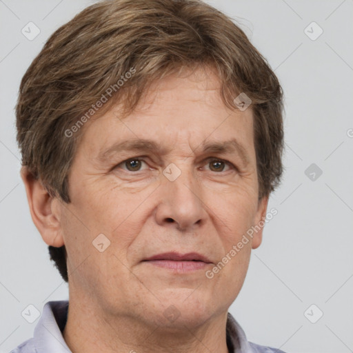 Joyful white middle-aged male with short  brown hair and brown eyes