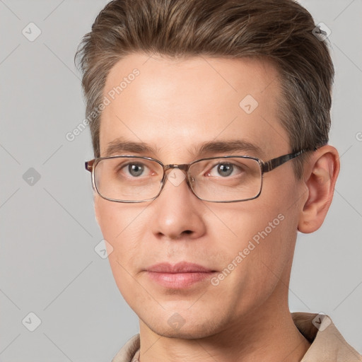 Neutral white young-adult male with short  brown hair and brown eyes