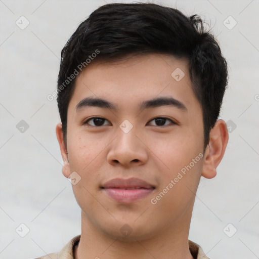 Neutral asian young-adult male with short  brown hair and brown eyes