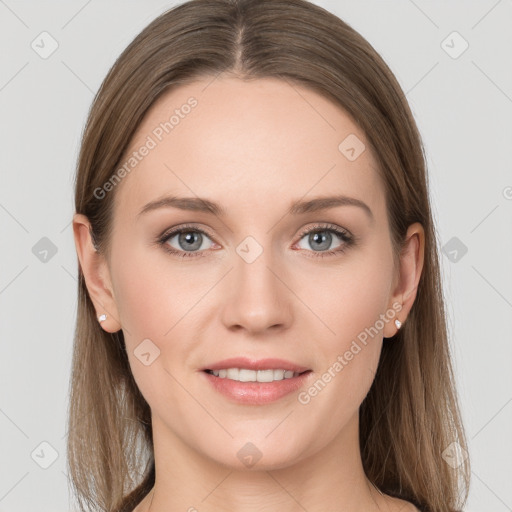 Joyful white young-adult female with long  brown hair and grey eyes