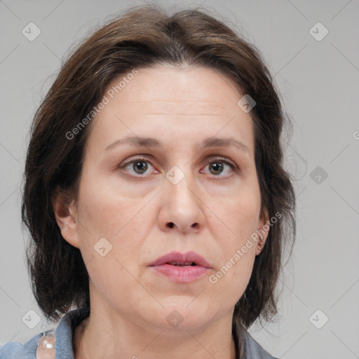 Neutral white adult female with medium  brown hair and brown eyes