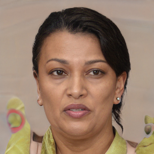 Joyful black adult female with medium  brown hair and brown eyes