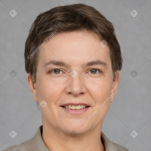 Joyful white adult female with short  brown hair and brown eyes