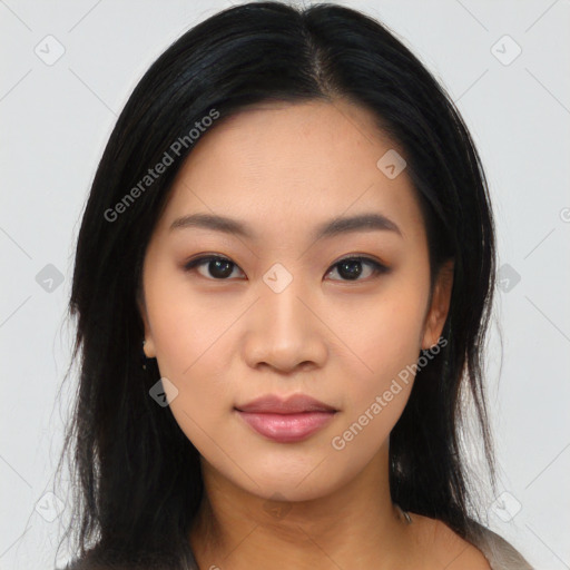 Neutral asian young-adult female with long  black hair and brown eyes