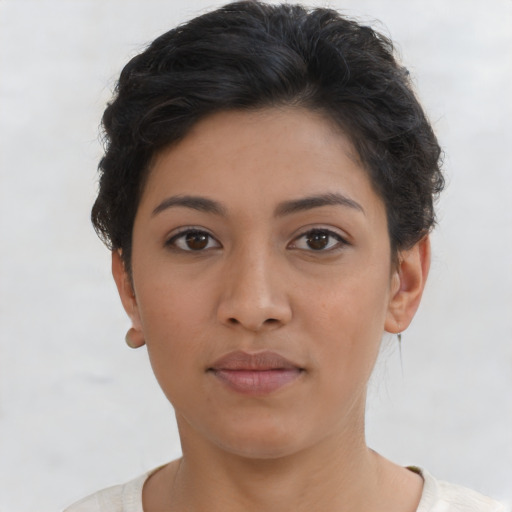 Neutral asian young-adult female with short  brown hair and brown eyes