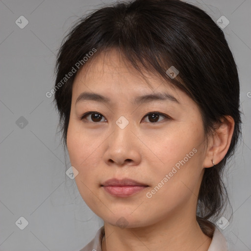 Neutral asian young-adult female with medium  brown hair and brown eyes