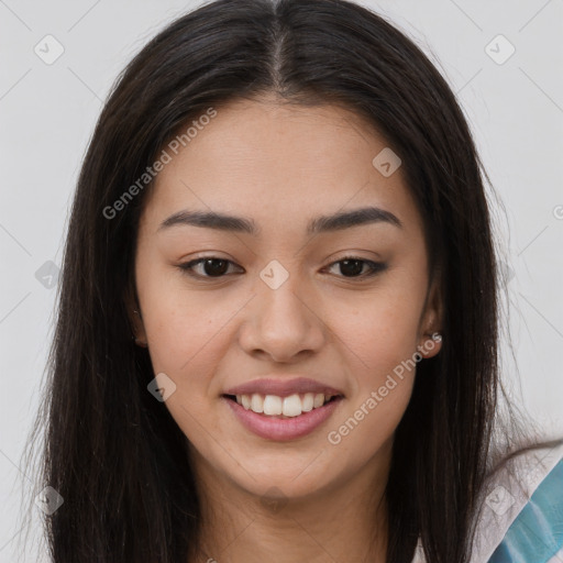 Joyful white young-adult female with long  brown hair and brown eyes