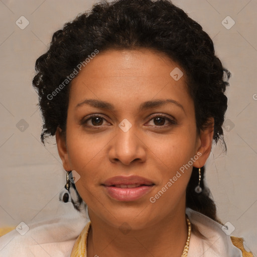 Joyful latino young-adult female with short  brown hair and brown eyes