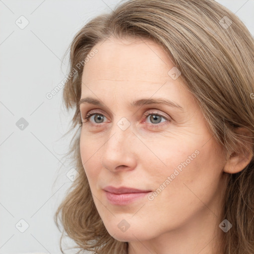 Neutral white young-adult female with medium  brown hair and grey eyes