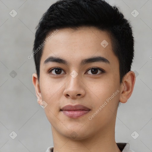 Neutral white young-adult male with short  brown hair and brown eyes