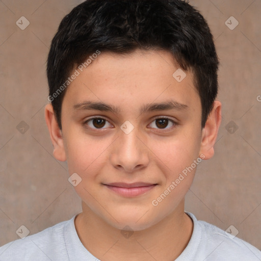 Joyful white child male with short  brown hair and brown eyes