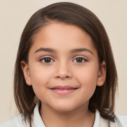 Joyful white child female with medium  brown hair and brown eyes