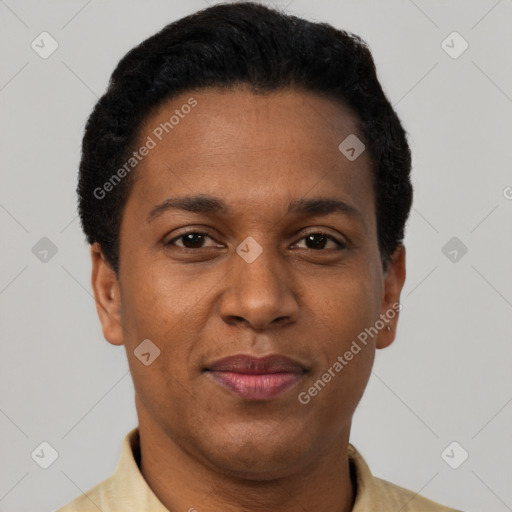 Neutral black young-adult female with short  brown hair and brown eyes