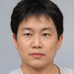 Neutral asian young-adult male with short  brown hair and brown eyes