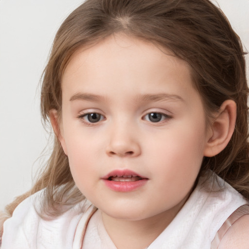 Neutral white child female with medium  brown hair and grey eyes