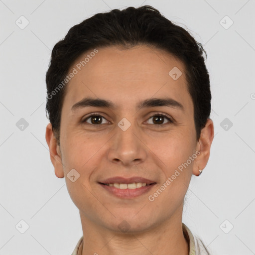 Joyful white young-adult male with short  brown hair and brown eyes