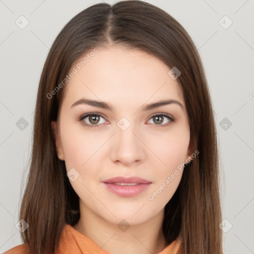 Neutral white young-adult female with long  brown hair and brown eyes