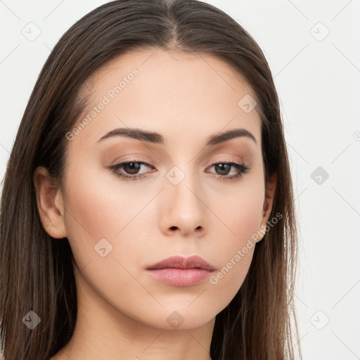 Neutral white young-adult female with long  brown hair and brown eyes